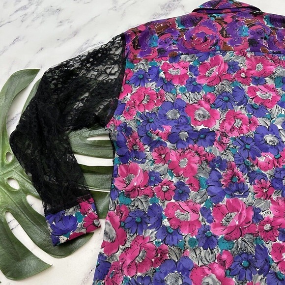 Jonathan Martin Womens Vintage 90s Patchwork Blouse Shirt Size M Pink Black Lace - Picture 11 of 12